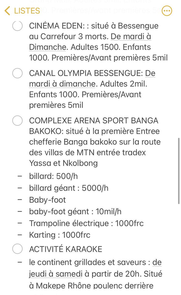 FatiaMBIDA1's tweet photo. J’ai commencé à dresser la liste des divertissements pour adultes où on peut faire autre chose que seulement manger et boire à Douala.

C’est pas encore fini mais voilà déjà ce que j’ai pu recensé. 

La 4e photo ce sont les restaurants qui proposent le karaoke https://t.co/6tn2vMJ90x