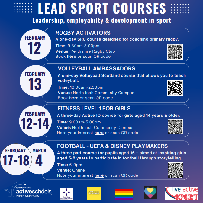 Already looking forward to the February break?

Add some achievement to your days off with one of our LEAD sport courses. We have options for:

🏉Rugby 
🏐Volleyball
🏋️‍♀️Fitness (Girls 14+)
⚽️Football (16+)

All completely free, don't miss out on these great opportunities!