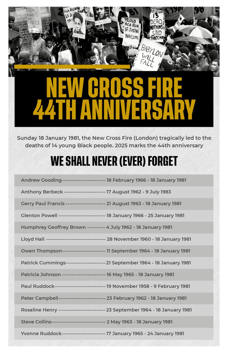 Justice_4_DandG's tweet photo. Sunday 18 January 1981, the New Cross Fire (London) tragically led to the deaths of 14 young people. 2025 marks the 44th anniversary
#Solidarity #NewCross44
#NewCrossFire
#NeverEverForget
Link 1
https://t.co/XgvNYnWqbf
Link 2
https://t.co/6JWISP3Ub7
fyi @tavlorna123 @newcrossff @Transpontine
@RichieBrave @BlackThriveLbth @Melanmagazine @S_Fleary1 @BlackThrive @BlackThriveLbth @corinne_fowler @corrinacorrina @NAMBITHA @ignatius_sancho @richardsudan @blackhistwalker @Mocha_Soul #Justice_4_DandG @Jliffe @THR @uche_blackstock @Fugee_I @jahjahuma @myklee1 @Brigadier_L @ceciliawee @JulieDash @julietshares @Nubiantics @MNubiah @tonguesonfire @FilmAfrica @TheAfricaCentre @JacarandaBooks