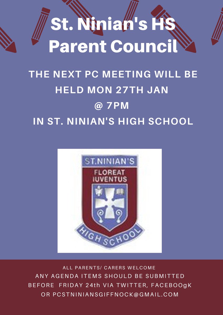 StNiniansPc's tweet photo. Please note dates of our upcoming PC meetings for this year. 
Any agenda items should be submitted as detailed below. 
All parents/carers welcome 🙏🏻 https://t.co/U2h70w1W7Q
