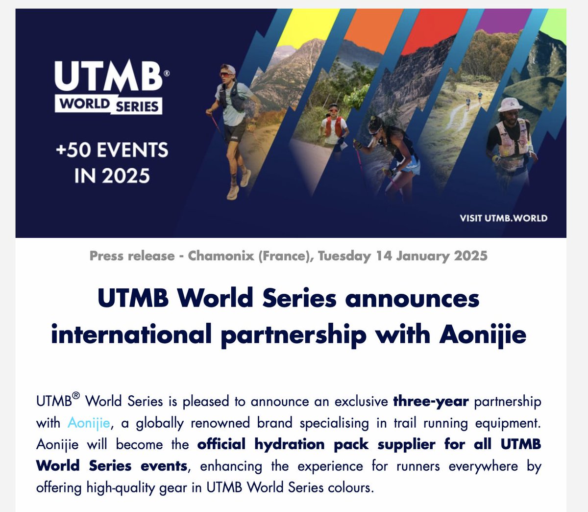Las <a href="/UTMBWorldSeries/">UTMB® World Series</a> anuncian un acuerdo de patrocinio de tres años con la marca china <a href="/AonijieCo/">ZHEJIANG AONIJIE OUTDOOR ARTICLES CO., LTD</a>, que se convierte en el proveedor oficial de chalecos de hidratación. Una muestra del creciente interés del trail en China, con marcas apostando fuerte por la internacionalización