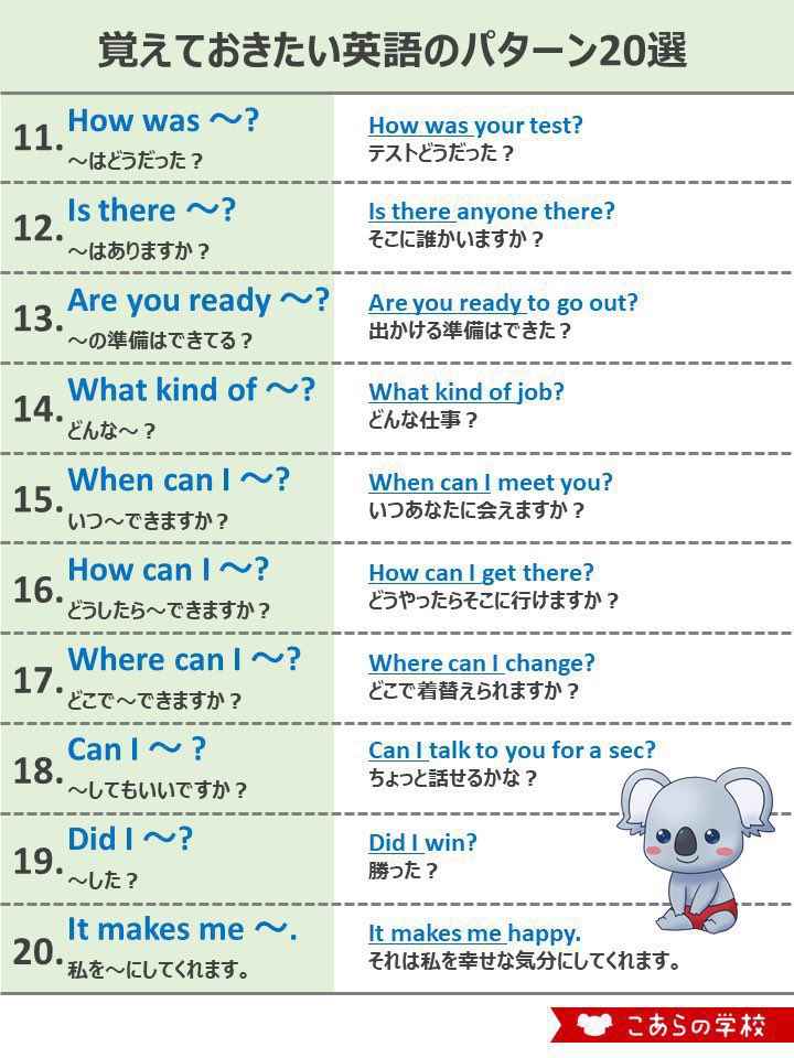 KoalaEnglish180's tweet photo. こういう型を100個くらい覚えておけば日常会話はなんとかなっちゃうんだよな https://t.co/Jkl8OCqW4N