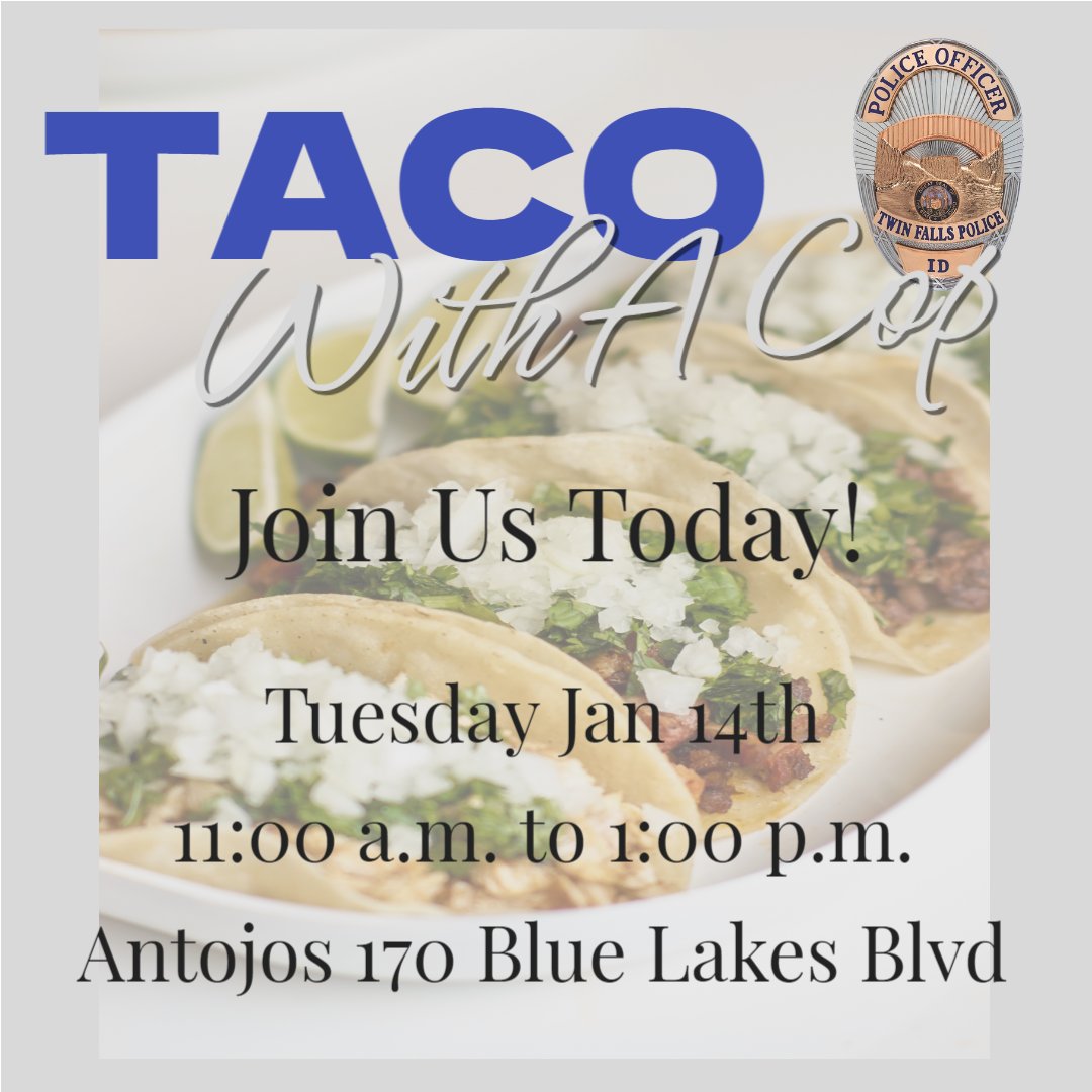 If you're trying to decide what to do for lunch today, why not join us for Tacos with a Cop!  We’ll be here to chat, answer any questions, and get to know each other better. See you there! 🌮👮‍♂️
#TacosWithACop #CommunityConnection #OneCommunity #Tacos #Lunchtime #TFPD