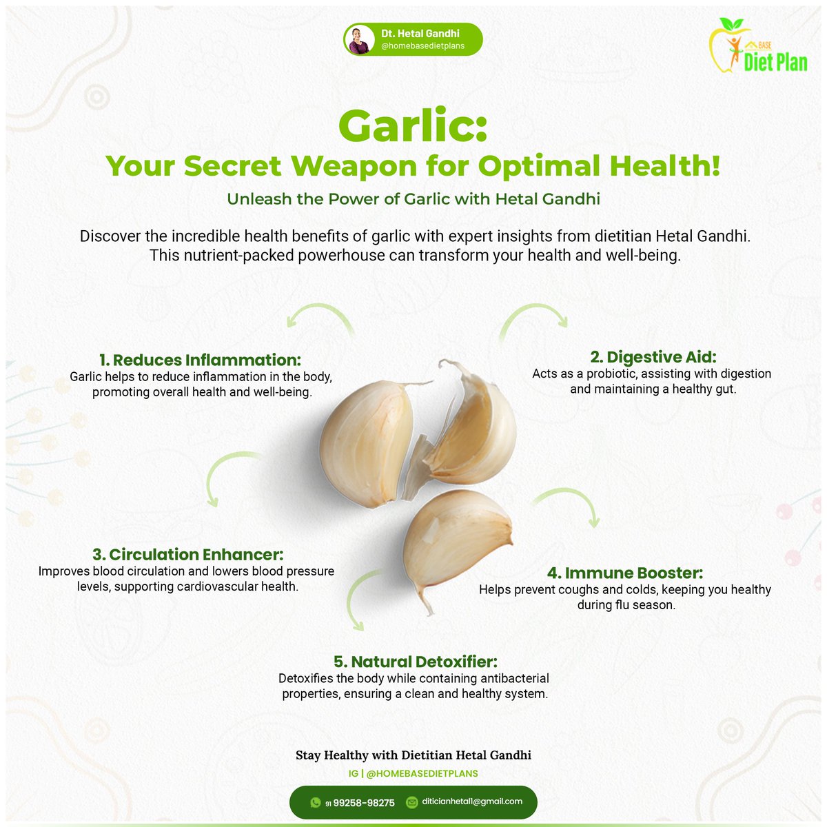 DtHetal's tweet photo. Discover the power of garlic for optimal health with insights from Dietitian Hetal Gandhi! 🧄
✨From reducing inflammation to boosting immunity, garlic is your secret weapon for a healthier life. #HealthTips #GarlicBenefits #WellnessJourney #DietitianAdvice #NaturalRemedies https://t.co/57ID3cRBPW
