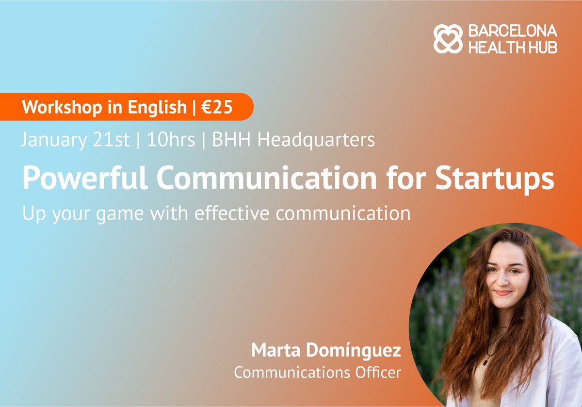 Barcelona Health Hub (@bcnhealthhub) on Twitter photo 📌 Great communication can transform your startup's journey, but how do you make it happen? Discover it at the #BHHWorkshop: Powerful Communication for Startups!
⏰ January 21st, 10-11:30 hrs
📍 BHH Headquarters
🎟️ €25 per company
Sign up now 👉 barcelonahealthhub.com/en/news/ready-… 📌 Great communication can transform your startup's journey, but how do you make it happen? Discover it at the #BHHWorkshop: Powerful Communication for Startups!
⏰ January 21st, 10-11:30 hrs
📍 BHH Headquarters
🎟️ €25 per company
Sign up now 👉 barcelonahealthhub.com/en/news/ready-…