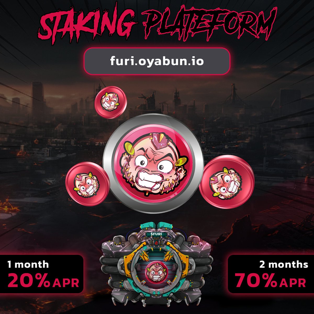 🚨 The Staking Platform is NOW LIVE
⚔️ It’s time, Warriors!

To stake your $FURI, follow this link:
👉 furi.oyabun.io

Reminder:
🔒 Lock Duration: 2 months
🔥 APR: 70%
ℹ️ Early Unlock Option: Unstake after 1 month at a reduced APR of 20%.

To learn how to benefit from
