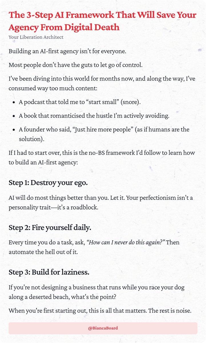 BiancaBoard's tweet photo. Most agencies won’t survive the AI revolution. 

They’re too stuck in busywork to adapt. 

Here’s the 3-step framework to make sure yours thrives: https://t.co/MaI2Rzszb8
