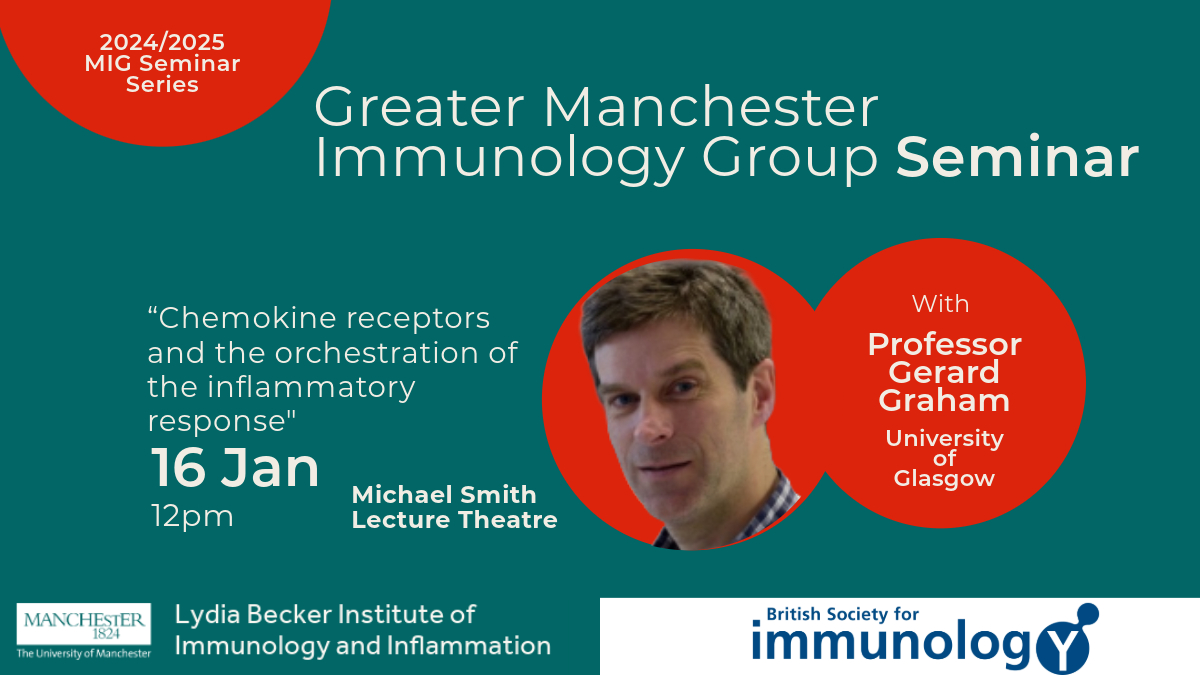 Lydia Becker Institute (@lydiabeckeriii) on Twitter photo This Thursday we're joined by Prof Gerard Graham from The University of Glasgow who'll be delivering a <a href="/bsicongress/">BSI Congress & Events</a> MIG Seminar entitled:
“‘Chemokine receptors and the orchestration of the inflammatory response"
📅16th January
🕐12 pm
📍Michael Smith Lecture Theatre This Thursday we're joined by Prof Gerard Graham from The University of Glasgow who'll be delivering a <a href="/bsicongress/">BSI Congress & Events</a> MIG Seminar entitled:
“‘Chemokine receptors and the orchestration of the inflammatory response"
📅16th January
🕐12 pm
📍Michael Smith Lecture Theatre