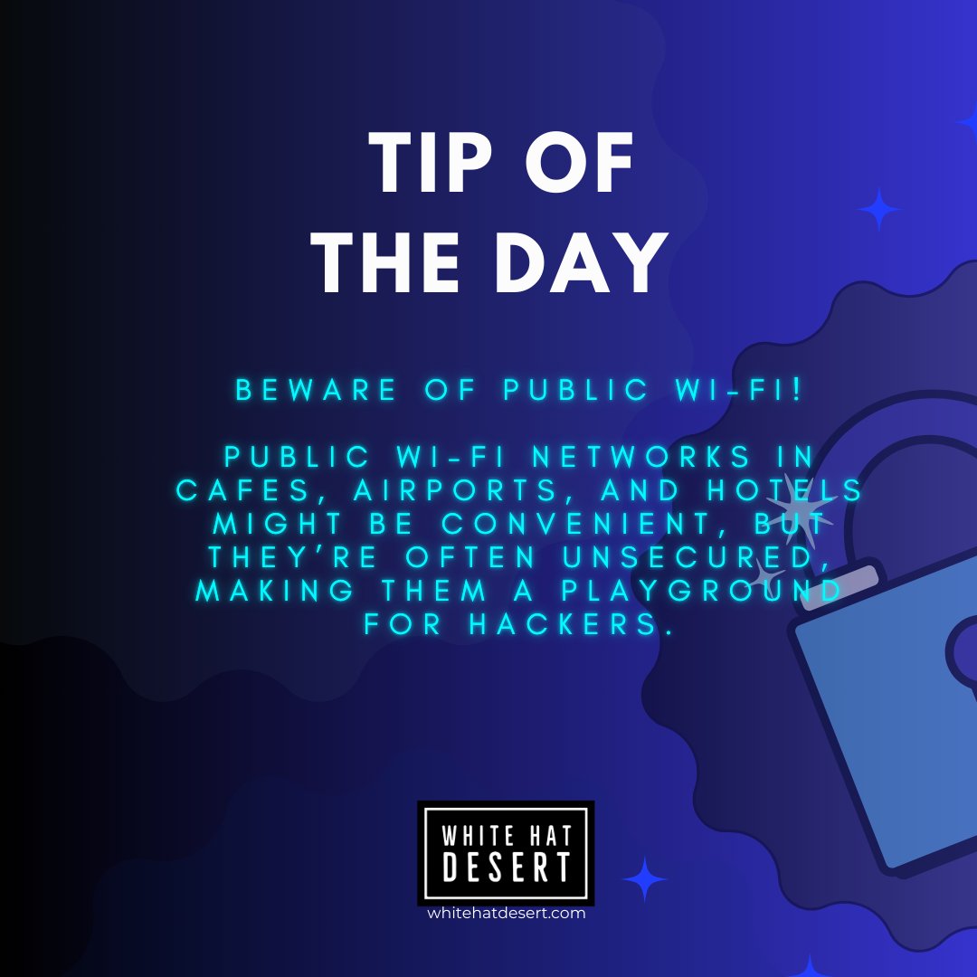whitehatdesert's tweet photo. 🛡️ Beware of Public Wi-Fi!

Public Wi-Fi may be convenient, but it’s often unsecured and a hotspot for hackers.
✔️ Avoid sensitive transactions.
✔️ Use a VPN for encryption.
✔️ Disable auto-connect.
✔️ Stick to HTTPS websites.

Stay secure wherever you go! 🌐 #CyberSecurity #WHD https://t.co/Qp1emoyFf3