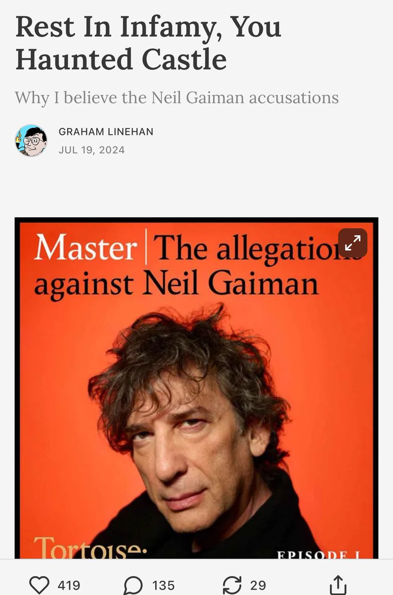 Here's the piece I wrote last year about Gaiman grahamlinehan.substack.com/p/rest-in-infa…