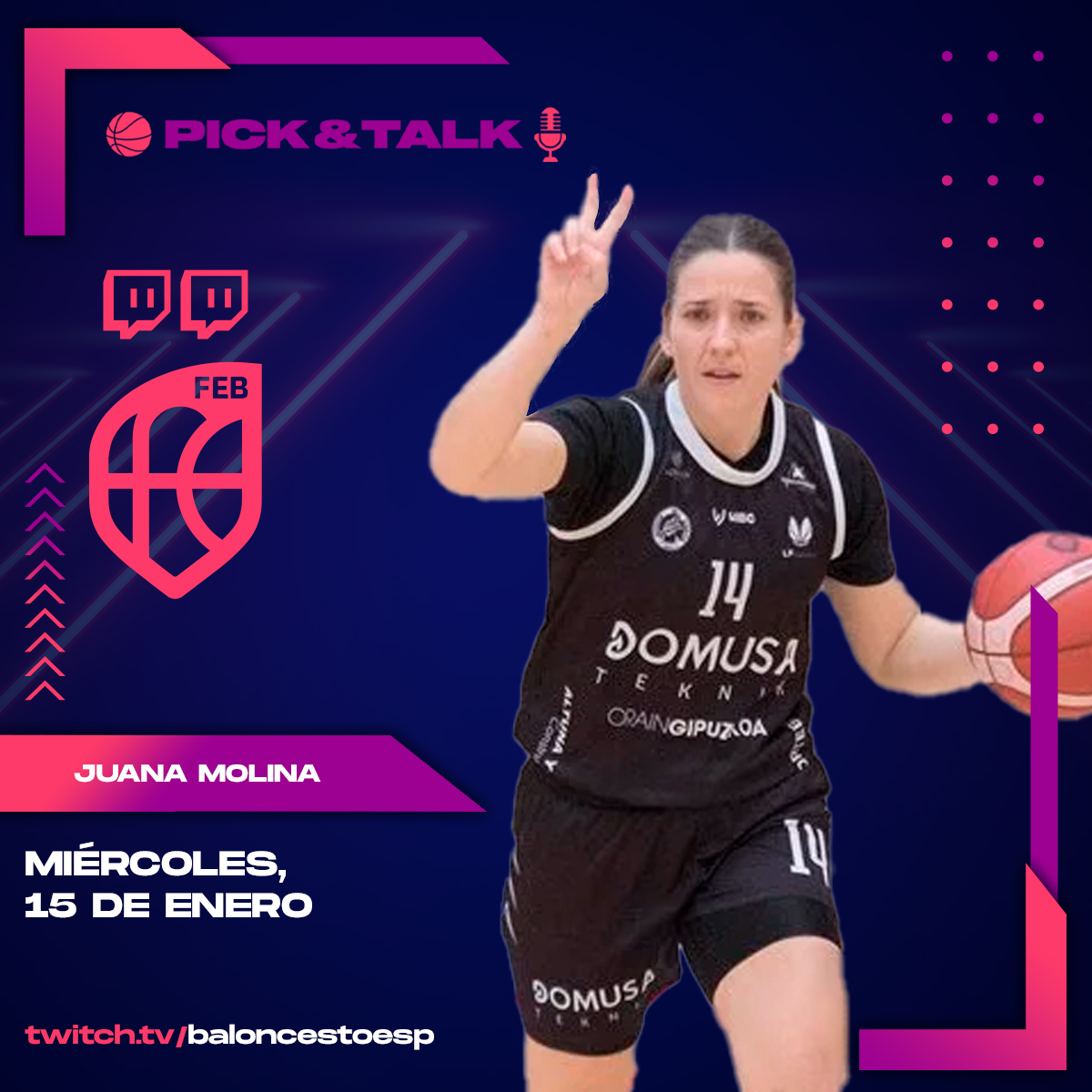 💜 <a href="/TwitchES/">Twitch ES</a> | MAÑANA vuelve  <a href="/Gabyocete5/">Gaby Ocete</a> con 'Pick &amp; Talk' 🎙️

No te pierdas su charla con <a href="/juanilla10/">Juana Maria Molina</a>🫶

📅 Miércoles 15
⏰ A partir de las 15:15h
📺 twitch.tv/baloncestoesp

#SomosEquipo