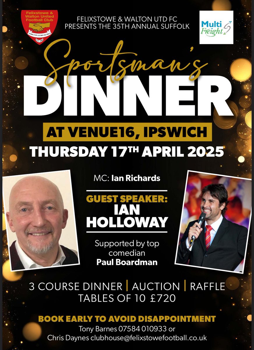 The club has secured the fabulously entertaining IAN HOLLOWAY as guest speaker for the 35th annual Sportsman’s Dinner event on Maundy Thursday!
Contact <a href="/topseasider/">Tony Barnes</a> (Tony Barnes) or clubhouse@felixstowefootball.co.uk to book.