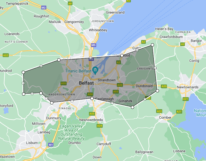 To give you an idea of the scale of the #PalisadesFire, here's the google map outline of the fire over Belfast.