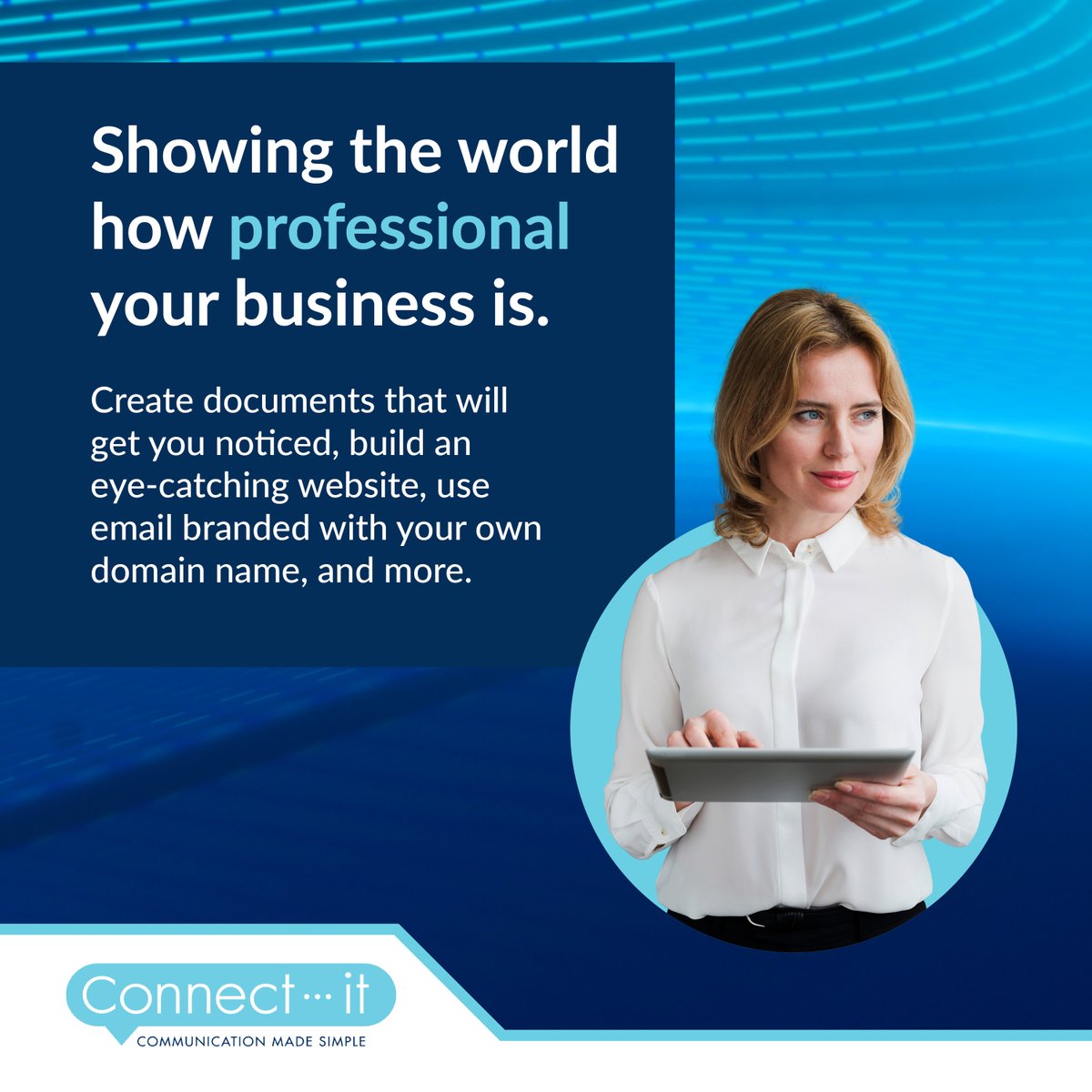 Connectitco's tweet photo. Showing the world how professional your business is has never been so easy. Create documents that will get you noticed, build an eye-catching website, use email branded with your own domain name, and more. https://t.co/uvMSx4rxQF