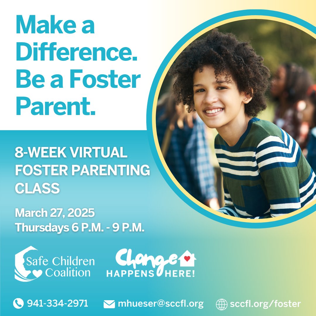 Foster parents change lives by offering care and stability to kids in need, especially teens navigating pivotal years. Feel called to help? Start your journey with our 8-week Virtual Foster Parenting Class. Visit sccfl.org/foster
