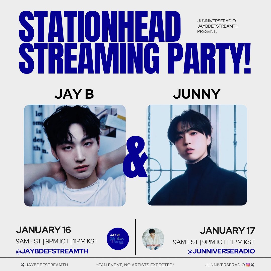 JAYBDEFstreams's tweet photo. 📢Collaboration Streaming On @STATIONHEAD
JOIN US ! 🥳🎉
#JAYBxJUNNYstreamparty
🇺🇸 9AM (EST)
🇹🇭 9 PM (ICT)
🇰🇷 11 PM (KST)
📍 Jan 16 @jaybdefstreamth
📻 https://t.co/n8XYCmZSxe
📍 Jan 17 @junniverseradio
📻 https://t.co/ZfU4KQTKdC
#JAYB @jaybnow_hr
#JAYB_RoadRunner
#jaybdefstreamth
#JUNNY #Junniverse
@_jnkmsc_ #주니
@mauvecompany