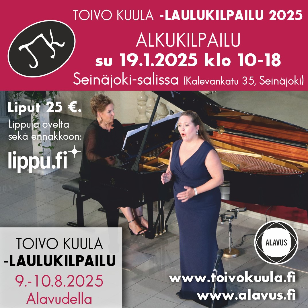 Toivo Kuula -laulukilpailuvuosi käynnistyy toden teolla su 19.1.2025, kun alkukilpailu pidetään Seinäjoki-salissa. Alkukilpailu on avoin yleisölle ja lavalla nähdään 27 laulajaa. Tule nauttimaan esityksistä ja kannustamaan kilpailijoita! Lisätietoja toivokuula.fi