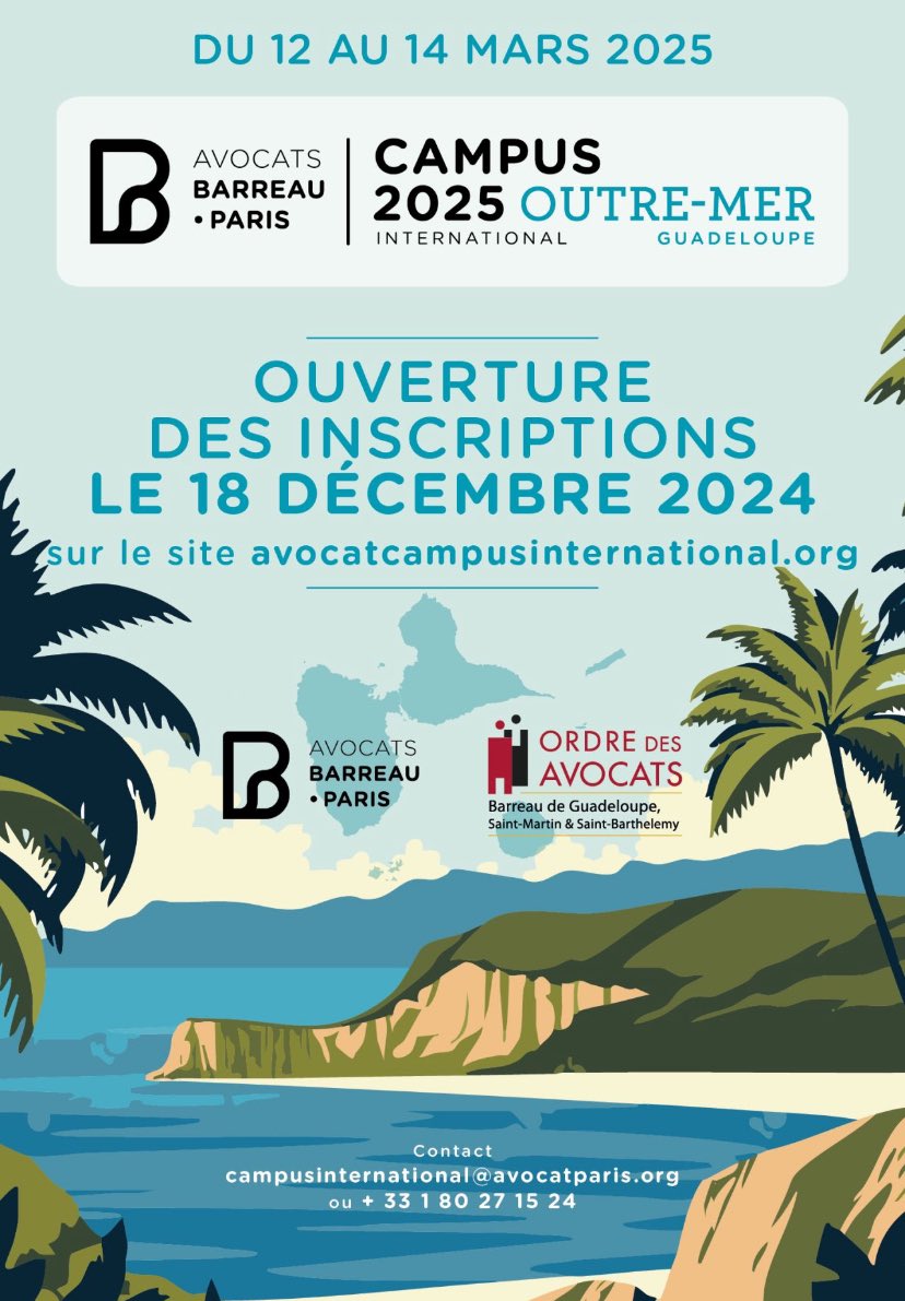 Barreau2Meaux's tweet photo. Le tout premier campus dédié aux Outre-mers se tiendra du 12 au 14 mars 2025 au Gosier, en Guadeloupe. Inscriptions : https://t.co/bl7e0ujkgs
#CampusOutremer #avocats #barreaudeparis https://t.co/1qCmE5VxF8