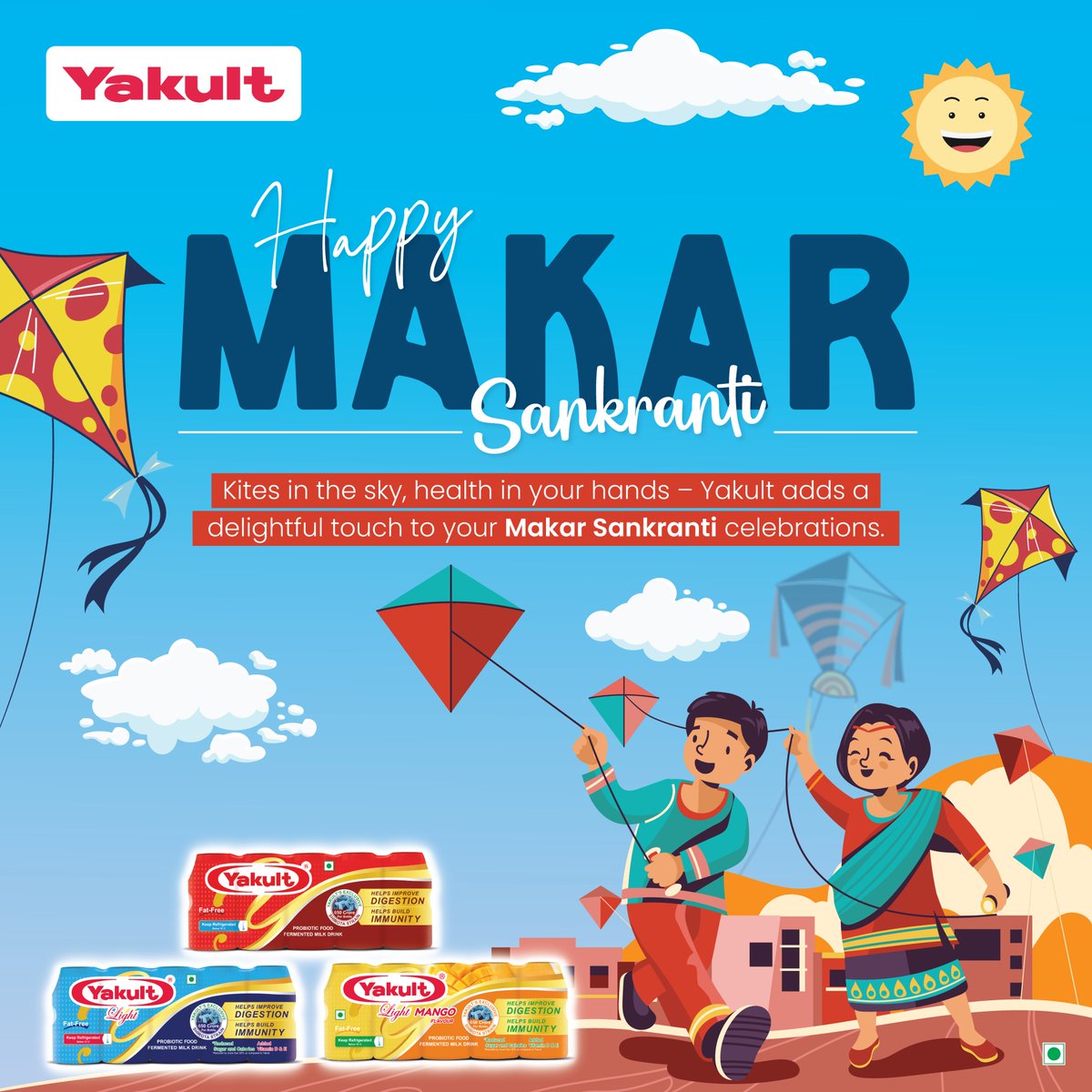 Let your kites glide high in the sky this Makar Sankranti!  Celebrate the festive joy with your friends &amp; family. Let Yakult be your companion in good health and happiness. Wishing you a day filled with smiles, kites, and sweet moments! 
#makarsankranti2025 #MakarSankrantiWishes