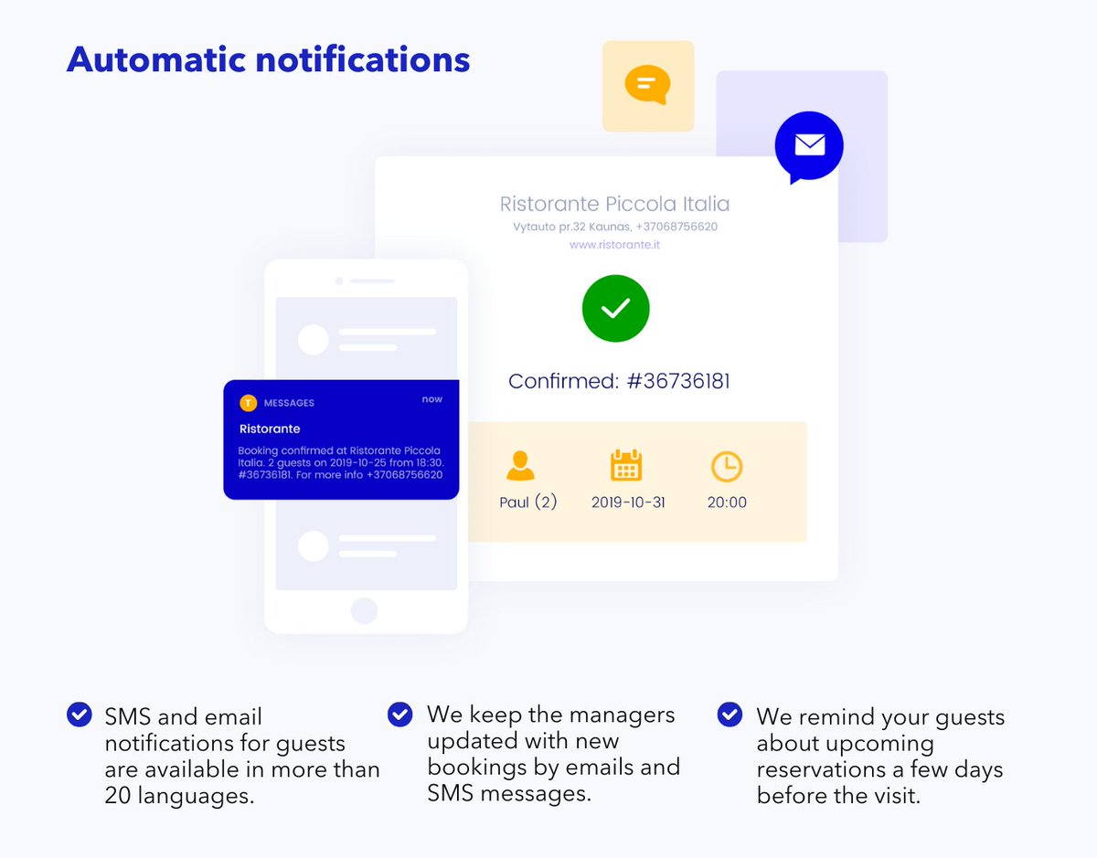 Tablein always keeps your guests informed by sending them automatic booking confirmations, reminders, cancellation notifications and feedback requests, by email as well as SMS message. 

💙 Try Tablein free for 14 days: tablein.com

#Tablein #notifications