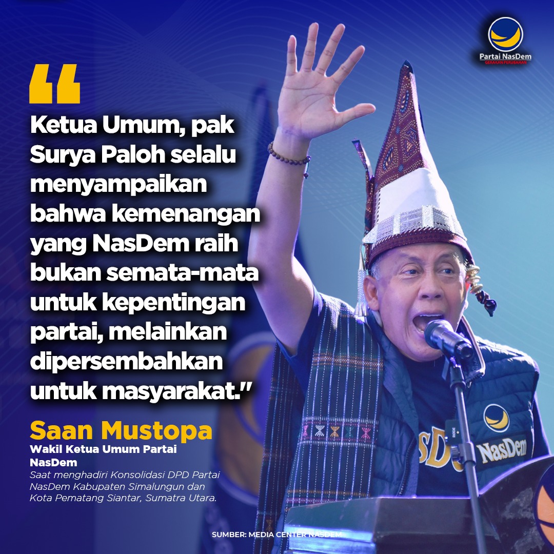 Sesuai instruksi Ketua Umum Surya Paloh, kepentingan rakyat di atas kepentingan partai. 

Kemenangan yang diraih di Pilkada 2024 lalu, adalah keniscayaan untuk membangun daerah lebih maju lebih sejahtera

Salam Restorasi Indonesia🇮🇩🇮🇩🇮🇩

#NasDem
#SuryaPaloh
#KangSaanMustopa