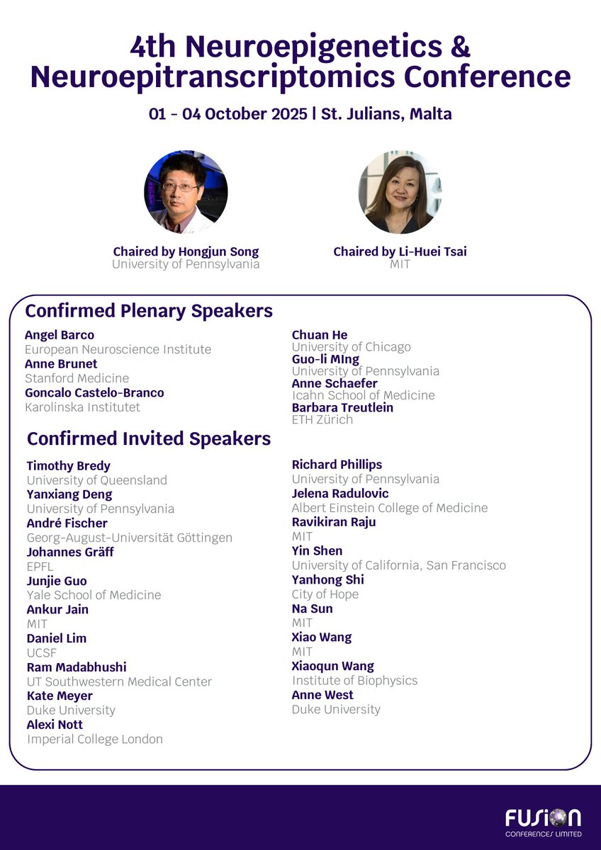 Fusion Conferences (@fusion_conf) on Twitter photo <a href="/BritishNeuro/">British Neuroscience Association</a> help us spread the word about #Neuroepi25! 🌟
Chaired by the incredible Hongjun Song and Li-Huei Tsai, this event is one you won't want to miss!
📅 Dates: 01 - 04 October 2025
📍 Location: St. Julians, Malta
For more details, visit: bit.ly/4fZrFey <a href="/BritishNeuro/">British Neuroscience Association</a> help us spread the word about #Neuroepi25! 🌟
Chaired by the incredible Hongjun Song and Li-Huei Tsai, this event is one you won't want to miss!
📅 Dates: 01 - 04 October 2025
📍 Location: St. Julians, Malta
For more details, visit: bit.ly/4fZrFey
