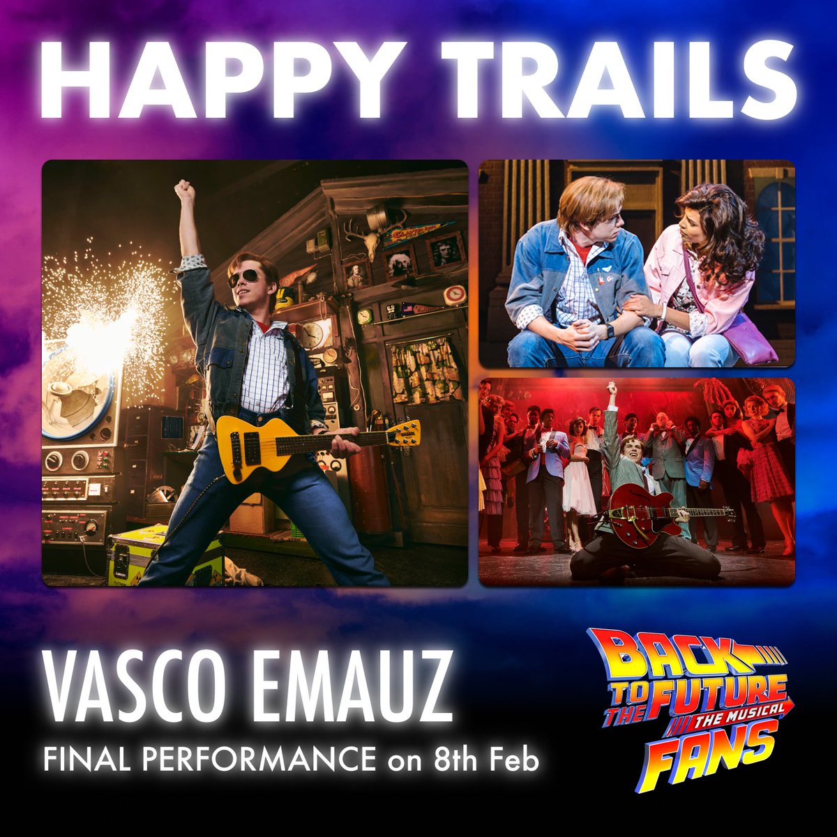 Today we’re saying HAPPY TRAILS to the incredible <a href="/vascoemauz/">Vasco Emauz</a> who will be very sadly leaving Hill Valley after a final performance on 8th February 🥺

Vasco – you’re an absolute dream 💭

Realmente vamos sentir sua falta, Futuro Garoto 💔

#bttfmusical #backtothefuturemusical