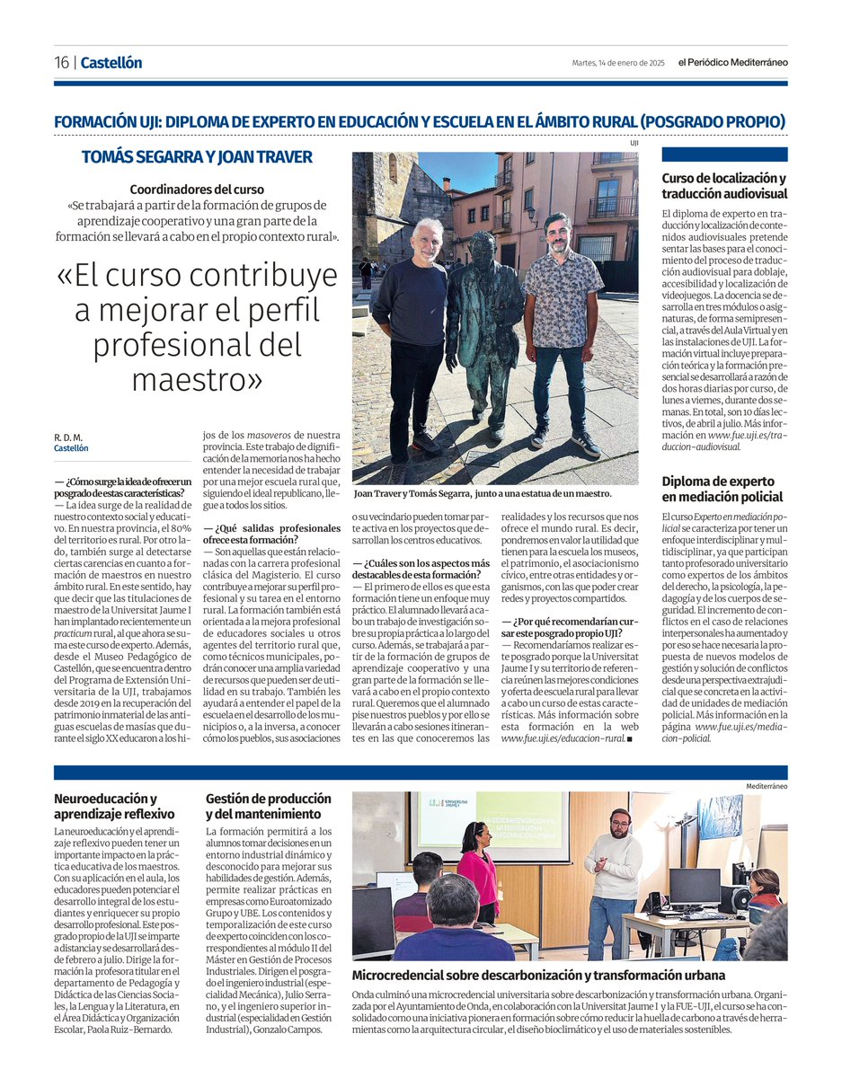 En <a href="/epmediterraneo/">El Periódico Mediterráneo</a> entrevista a TOMÁS SEGARRA y JOAN TRAVER, coordinadores académicos de este postgrado @ujiuniversitat

Duración: 1 semestre - 15 créditos ECTS
Semipresencial
De febrero a junio de 2025

ÚLTIMOS DÍAS PARA MATRICULARSE
👉 fue.uji.es/educacion-rural