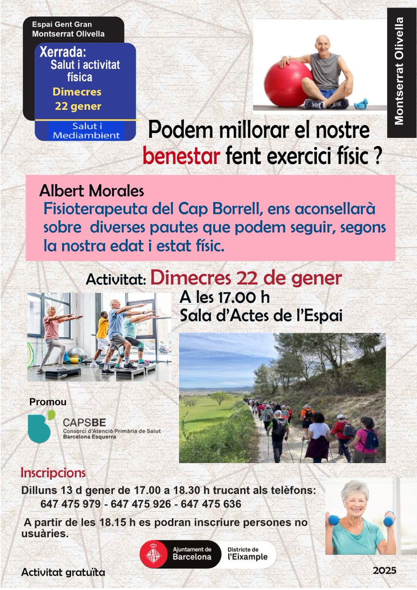 CAPSBEsq's tweet photo. 🧎♂️Activitat física en gent gran
📆22 de gener
🕚 17:00-18:30h
📌 Espai Gent Gran Montserrat Olivella
Iniciem el 2025 amb la primera xerrada sobre l'#exercicifisic amb l'Albert (@albrtmorales), fisioterapeuta del #CAPComteBorrell.
📞Encara sou a temps d'apuntar-vos!
👀👇 https://t.co/qBiicsS0XI