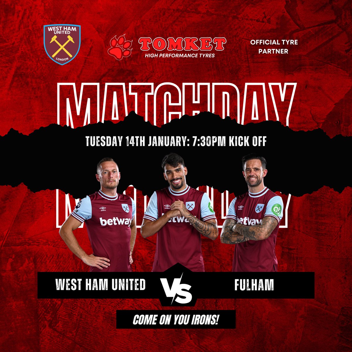 MATCHDAY! ⚒️

🆚 Fulham
🏆 Premier League 
🕓 7:30PM
🏟 London Stadium

Wishing new manager Graham Potter and his team the best of luck this evening as he takes charge at the London Stadium for the first time!

#comeonyouirons