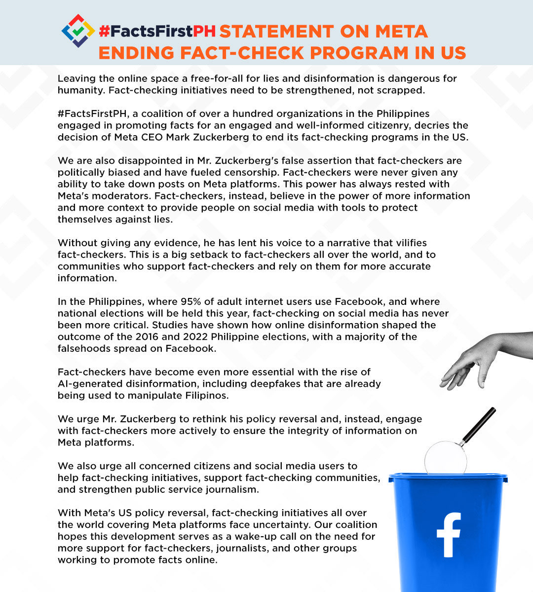 CEGPhils's tweet photo. STATEMENT From #FactsFirstPH: With Meta’s US policy reversal, fact-checking initiatives all over the world covering Meta platforms face uncertainty. https://t.co/UrtrDD4pwY