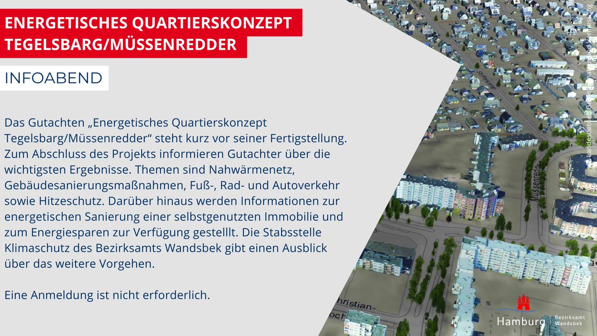 Ihr seid herzlich eingeladen zum #Infoabend zum #Abschluss des #Energetischen #Quartierskonzepts Tegelsbarg/Müssenredder am 22.1.2025 um 18 Uhr in der Aula der Grundschule Müssenredder (Müssenredder 61, 22399 HH) 🌱. Weitere Infos: t1p.de/wccjb