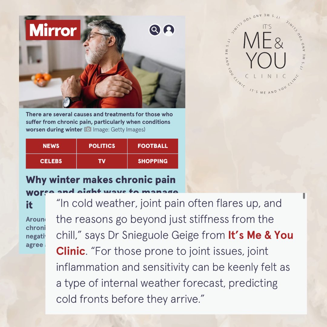 ItsmeandyouPR's tweet photo. Dr. Snieguolė Geige shares insights in Mirror on how cold weather worsens chronic pain and ways to manage symptoms.
https://t.co/k3Y1aBOh6z
#ExpertAdvice #MirrorMagazine #ItsMeAndYouClinic https://t.co/nRqrQZnKMt
