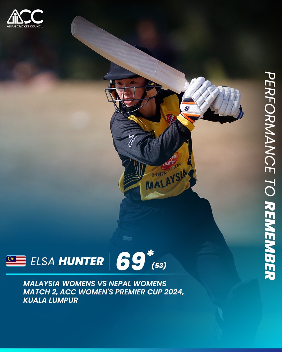 ACCMedia1's tweet photo. An unbeaten 69* runs by Elsa Hunter steered Malaysia Women to a thrilling 4-wicket win over Nepal Women. Her outstanding performance under pressure was instrumental in securing this hard-fought victory!
#ACC #PerformanceToRemember https://t.co/UlPQAliciB