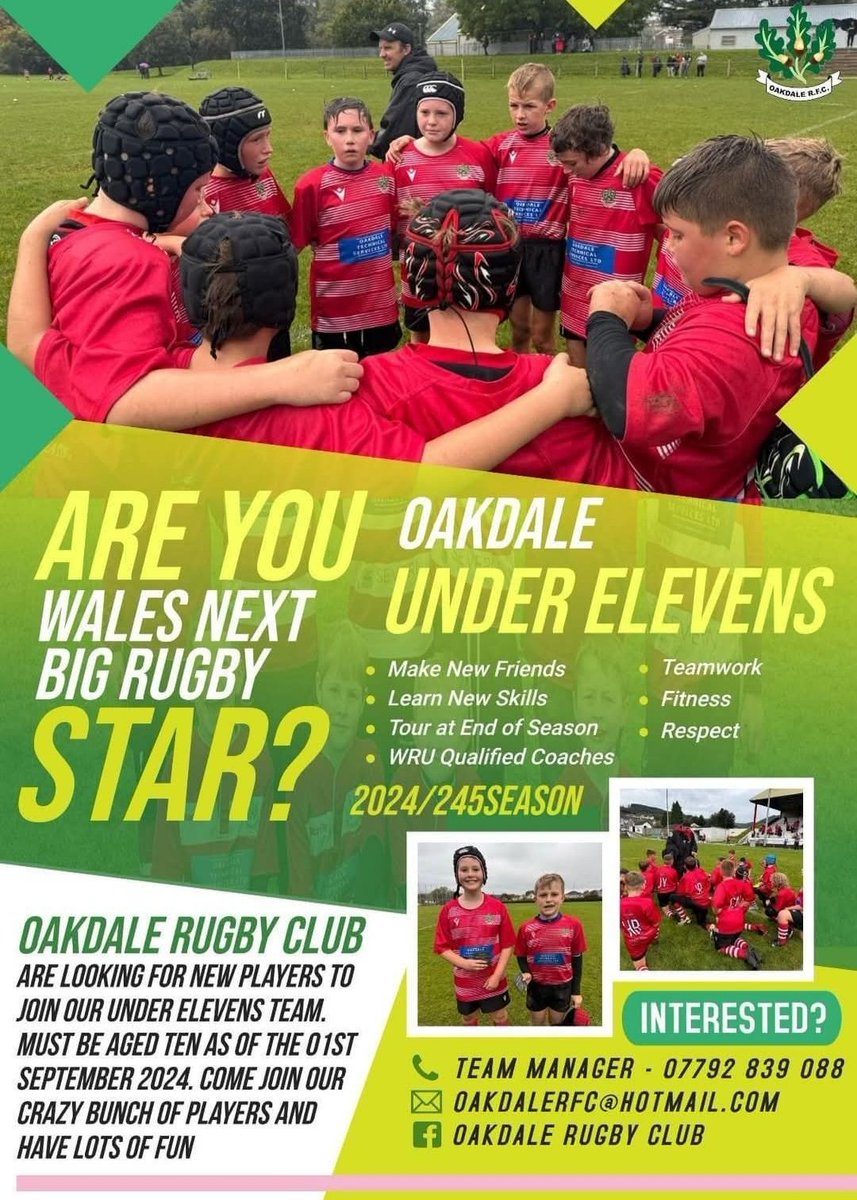 Oakdale RFC u11s are recruiting 🏉. Fancy trying a new sport or perhaps  you are a player in need of a change. Come along and try it for free to see if you like it.  Training on a Thursday👍  07792839088. A warm welcome is waiting. PLEASE SHARE 🙏@DRA_COMMUNITY