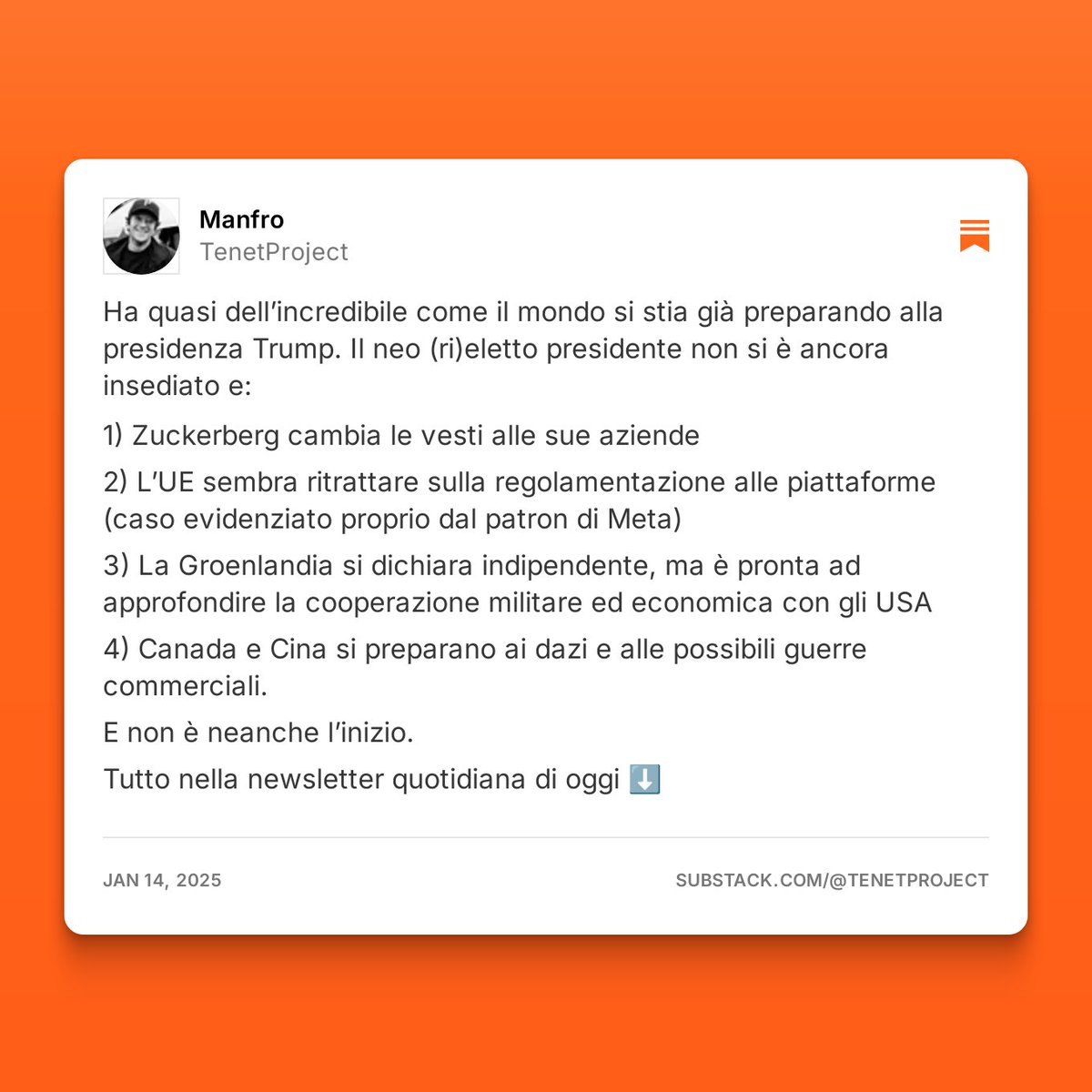 Due considerazioni dalla newsletter di oggi! #Trump non si è ancora insediato e già ha vinto un paio di partite. 

 substack.com/@tenetproject/…