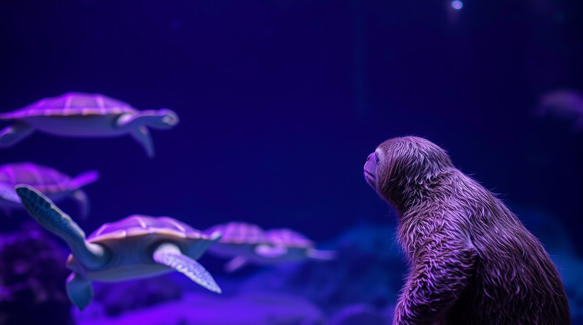 bethesloth1's tweet photo. Sloth staring at a sea turtle for 15 minutes straight 🐢🦥 'Slow and steady… I feel you, bros....' 🌴✨ #BeTheSloth #AquariumLife https://t.co/3a28i4sfxV