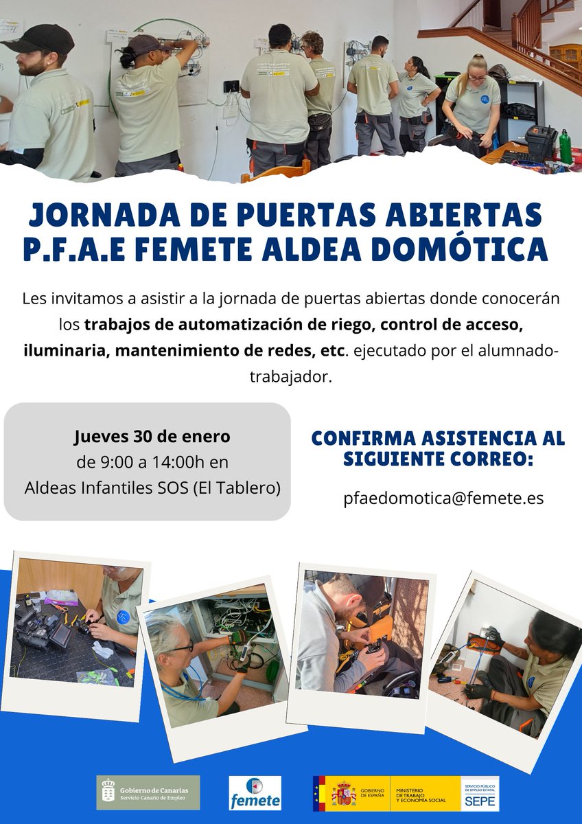 Femete's tweet photo. 👋Jornada de Puertas Abiertas del PFAE Femete Aldea Domótica🚪30 de enero en @AldeasEspana de S/C de Tenerife ✍️ Si eres una empresa interesada, confirma asistencia en pfaedomotica@femete.es 📞922296700 👌 PFAE que financian @SCEmpleo y @empleo_SEPE #YoQuieroTrabajar #YoMeFormo😉 https://t.co/OFq8n6s3vK