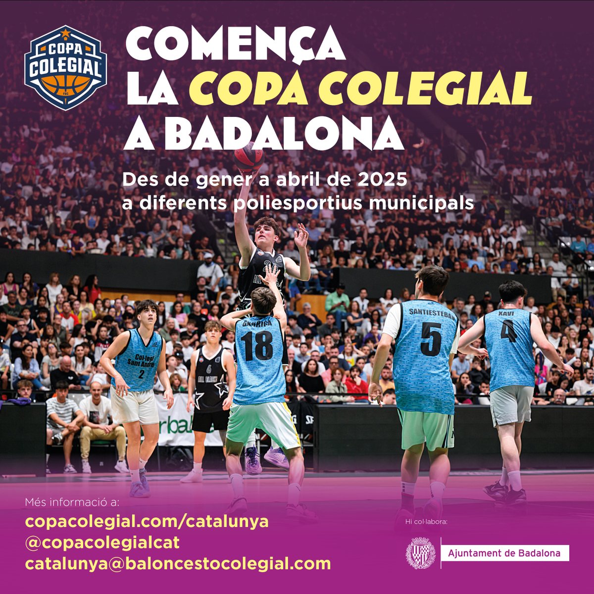 La Copa Col·legial ha arribat a Catalunya i Badalona. Un total de 204 equips de 149 col·legis de 53 ciutats participaran en la millor competició escolar d'Europa. 🏀🏀

La Gran Final es durà a terme per segona vegada, al Pavelló Olímpic de Badalona durant el mes de maig. 🏆