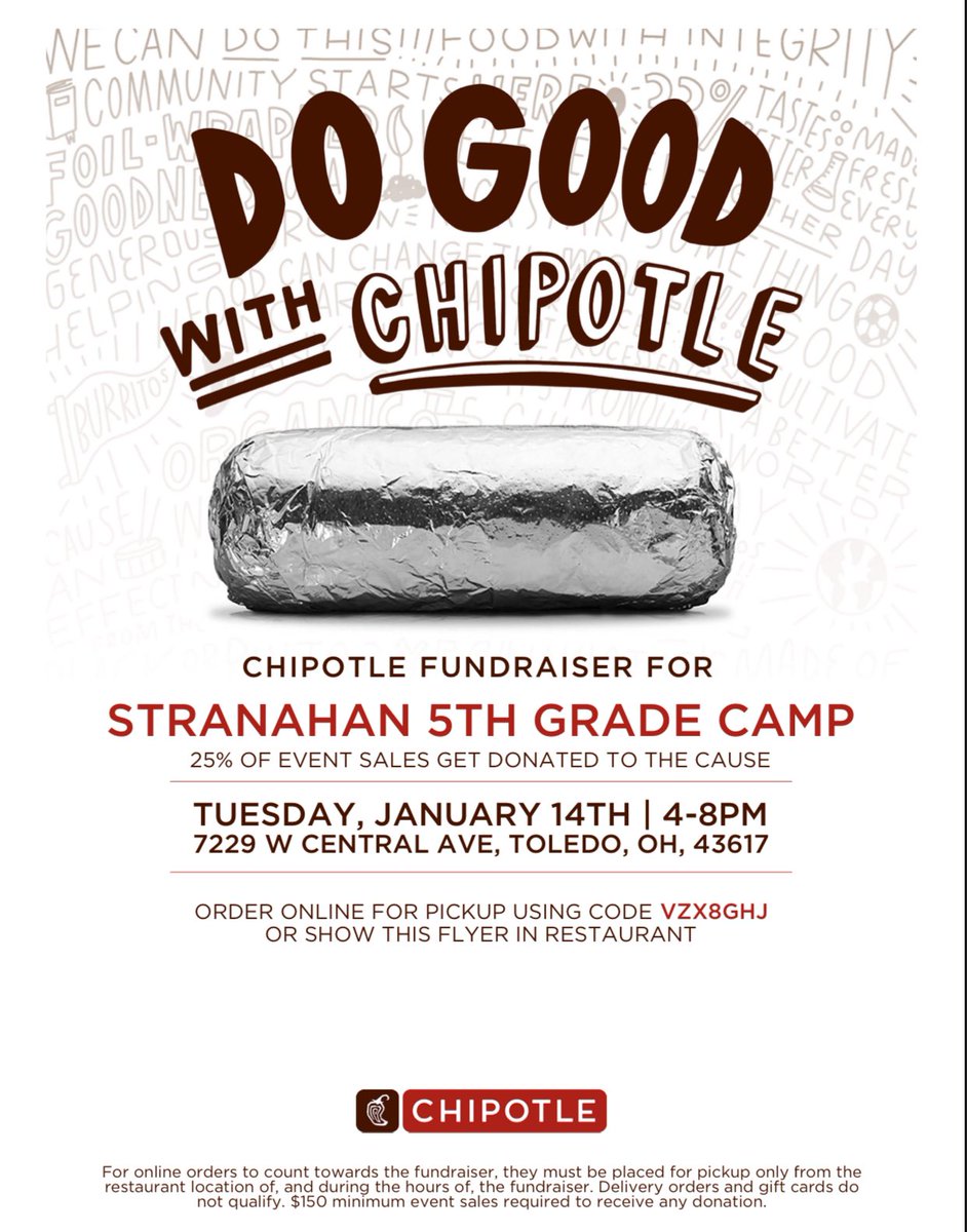 5thStranahan's tweet photo. 🌮 Taco Tuesday! 🌮 
Help offset the cost off camp &amp; keep the kitchen clean! It’s a win win situation! 😉
Join us today, Tues. Jan. 14th from 4-8pm at Chipotle on Central Ave! Mention Stranahan when placing your order OR type in our code when placing an order online: VZX8GHJ. https://t.co/QN2SoV1hIu