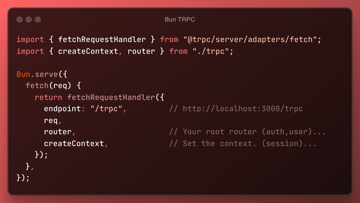 In a couple of lines you have a <a href="/bunjavascript/">Bun</a> native <a href="/trpcio/">tRPC.io 🧙‍♂️</a> server. No need for any other frameworks since TRPC have middlewares and typesafe routing built in. 
Typesafe, fast, simple.