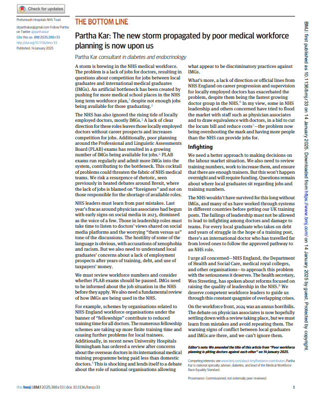 *OPINION PIECE*
'The new storm propagated by poor medical workforce planning is now upon us' via <a href="/bmj_latest/">The BMJ</a>

The issue around International Medical Graduates have come to the fore

Urge <a href="/wesstreeting/">Wes Streeting</a> not to ignore this-and a few suggestions to consider

bmj.com/content/388/bm…