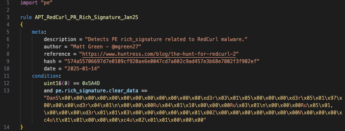 ##100daysofyara more yara-x &gt; Dumping a RedCurl malware pe I saw Rich Header and thought I would give it a try.

Rule: github.com/mgreen27/100da…