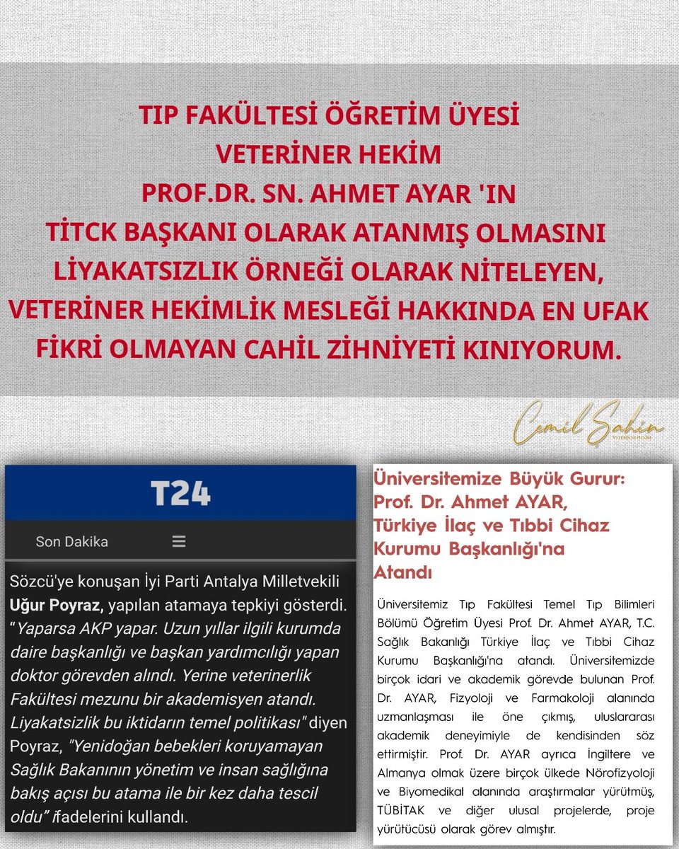 TIP FAKÜLTESİ ÖĞRETİM ÜYESİ VETERİNER HEKİM PROF. DR. SN. AHMET AYAR 'IN TİTCK BAŞKANI OLARAK ATANMIŞ OLMASINI LİYAKATSIZLIK ÖRNEĞİ OLARAK NİTELEYEN, VETERİNER HEKİMLİK MESLEĞİ HAKKINDA EN UFAK FİKRİ OLMAYAN CAHİL ZİHNİYETİ KINIYORUM.
#veterinerhekimlerdenözürdile