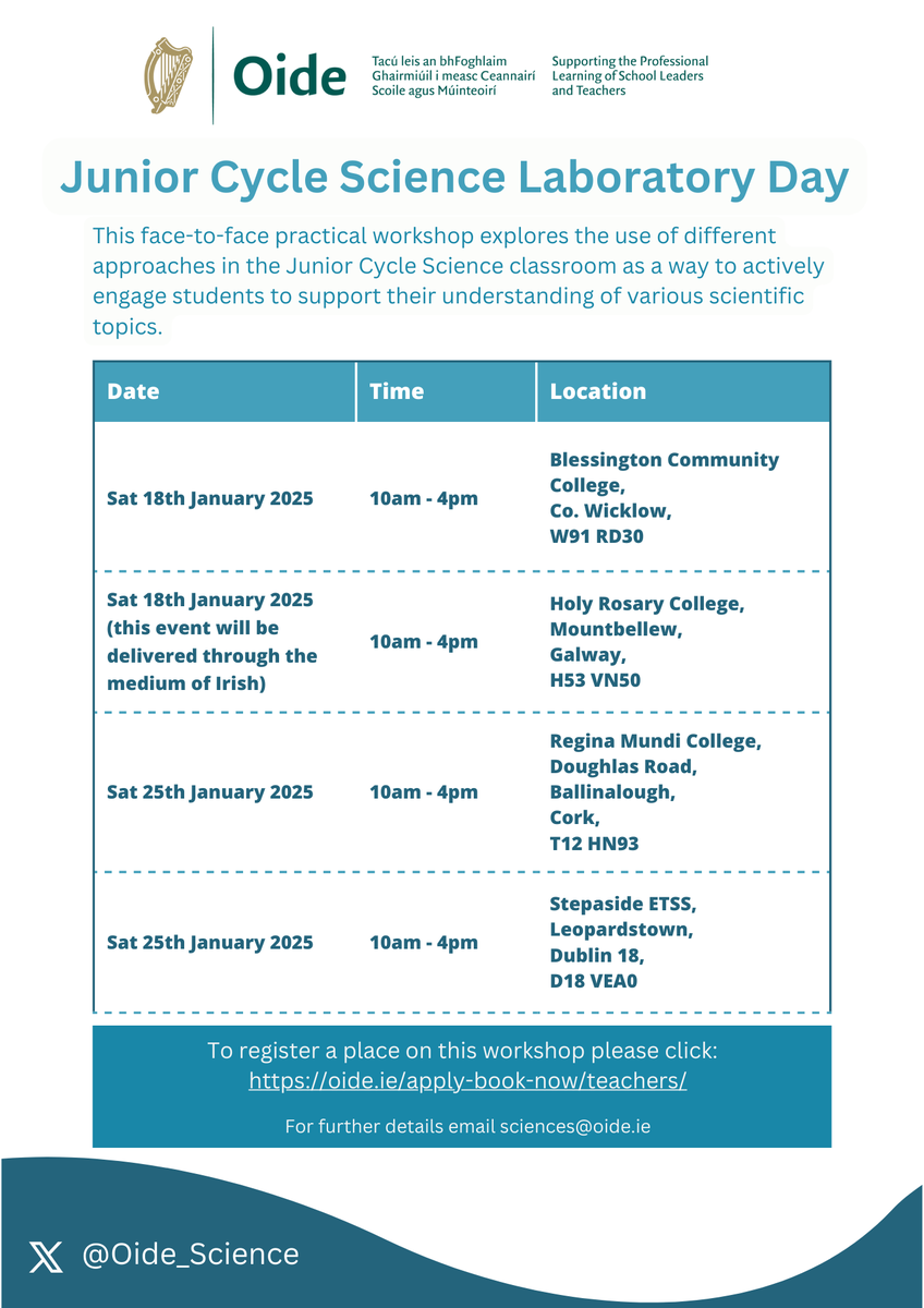 The Junior Cycle Lab day event is happening on January 18th and 23rd.  
To register click here 👉 dms.oide.ie/event/public and search 'lab day' Details👇