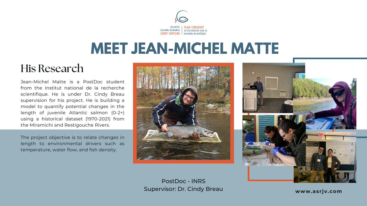 🪸 Meet Jean-Michel Matte from our Student-HUB. 🪸

His project focuses on creating a model to study changes in the size of young Atlantic salmon using historical data from the Miramichi and Restigouche Rivers.

Read more below or for more information contact JM <a href="/Ichtyologie/">Jean-Michel Matte</a>