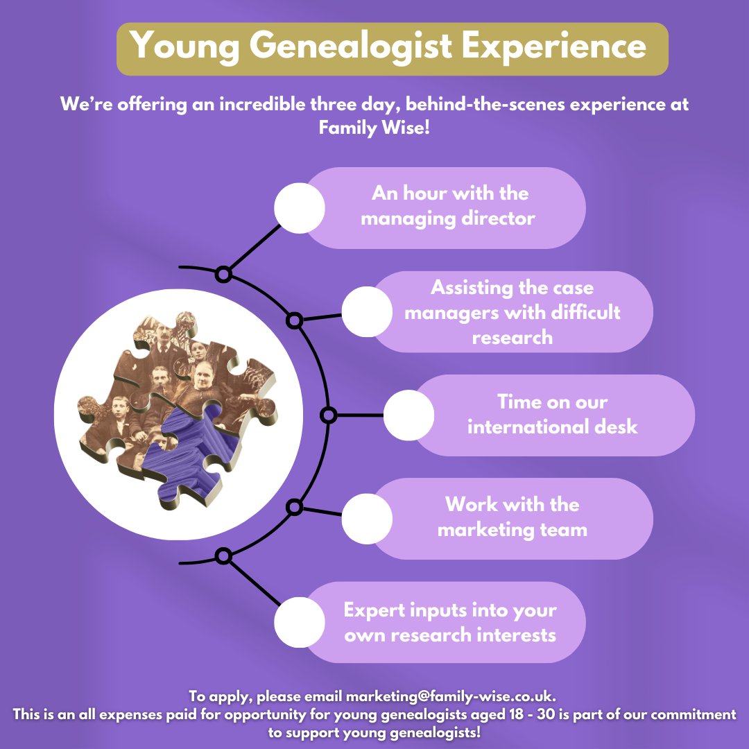 Are you 18-30 and passionate about family history? We are offering a 3-day experience at Family Wise. You will become one of the team during your time with us. To apply email marketing@family-wise.co.uk to get started, and we will talk through next steps! Applications close on