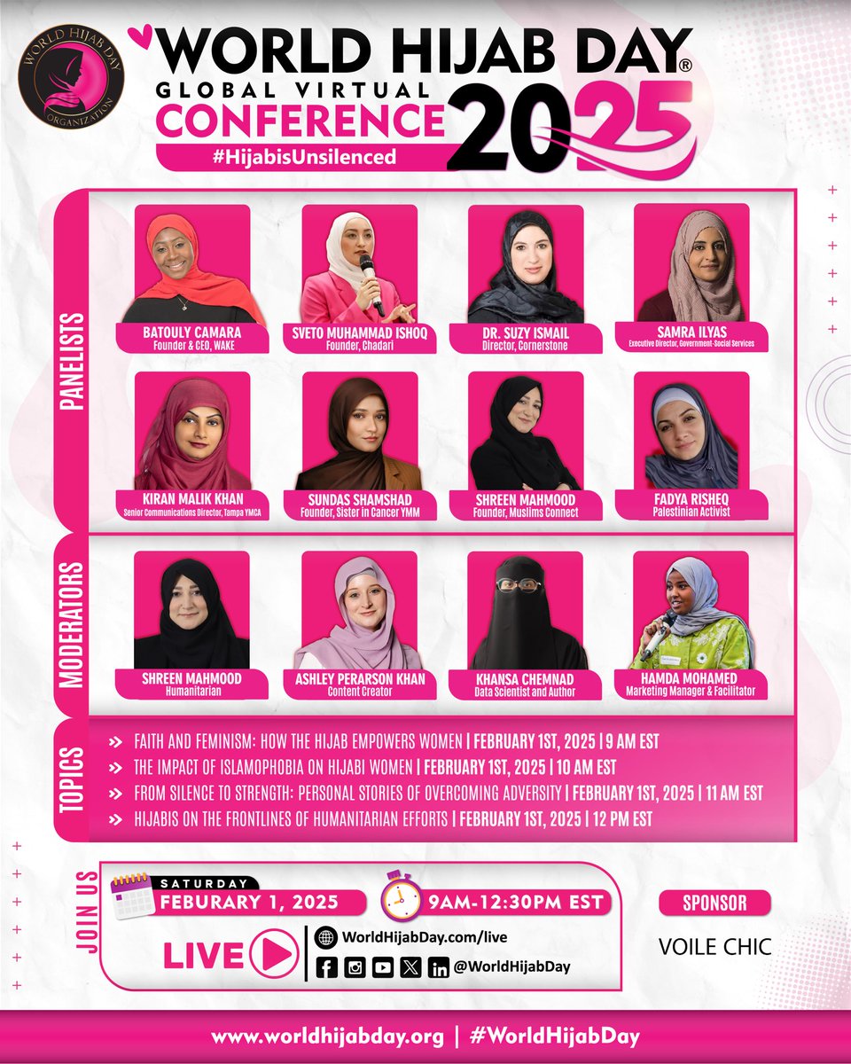 World HijabDay (@worldhijabday) on Twitter photo Join World Hijab Day Global Virtual Conference 2025🧕🏼
🗓️ Date: February 1st, 2025
⏰ Time: 9 AM - 12:30 PM EST
📌Location: LIVE on Facebook, Instagram, X, YouTube & LinkedIn <a href="/WorldHijabDay/">World HijabDay</a>
Also at WorldHijabDay.com/Live
We have an amazing lineup of speakers from diverse Join World Hijab Day Global Virtual Conference 2025🧕🏼
🗓️ Date: February 1st, 2025
⏰ Time: 9 AM - 12:30 PM EST
📌Location: LIVE on Facebook, Instagram, X, YouTube & LinkedIn <a href="/WorldHijabDay/">World HijabDay</a>
Also at WorldHijabDay.com/Live
We have an amazing lineup of speakers from diverse