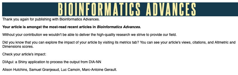 Our article on DIAgui: a Shiny application to process the output from DIA-NN is one of the most-read in Bioinformatics Advances <a href="/BioinfoAdv/">Bioinformatics Advances</a> . pubmed.ncbi.nlm.nih.gov/38249340/