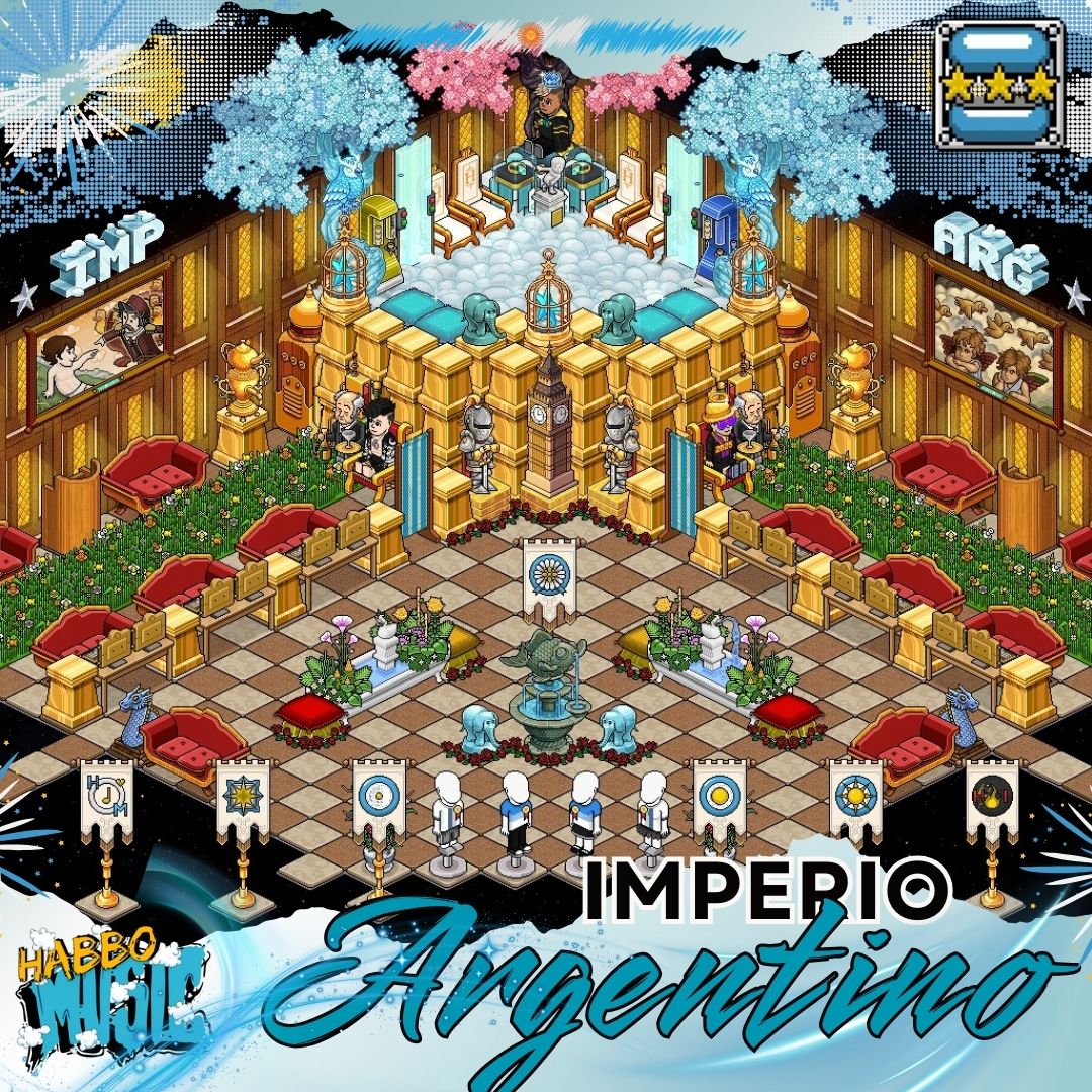 ¡Anunciamos nuestra alianza con el Imperio Argentino! 🇦🇷 Únete a sus actividades de miércoles a viernes desde las 12:00 hs Arg.

 En Habbomusic seguimos apoyando proyectos increíbles.

✨ ¡Súmate a ser una estrella más en el mejor imperio!
